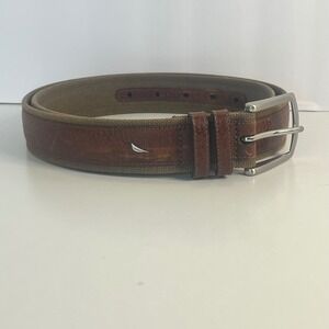 Nautica Mens Brown Leather Khaki Canvas Webbing Belt Size 38 GDB Silver Buckle